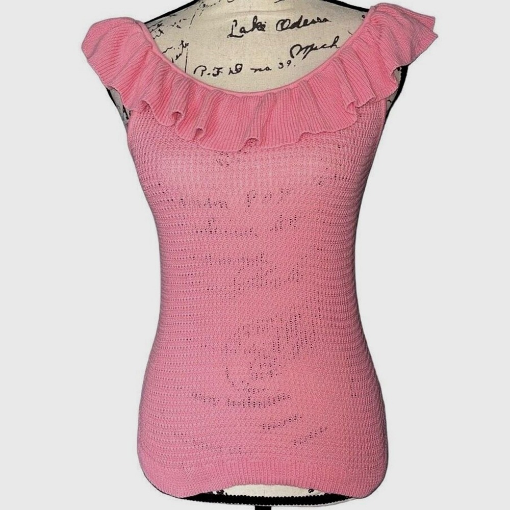 Scoop Pink Ruffle Neck Knit Tank Top Sleeveless Cotton Pointelle Small 4-6